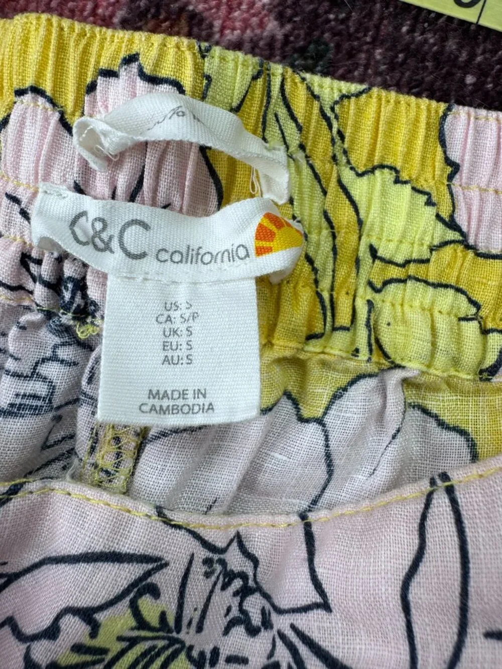 C&C California 100% Linen Yellow & Pink Floral Wide-Leg Ankle Pants Size Small